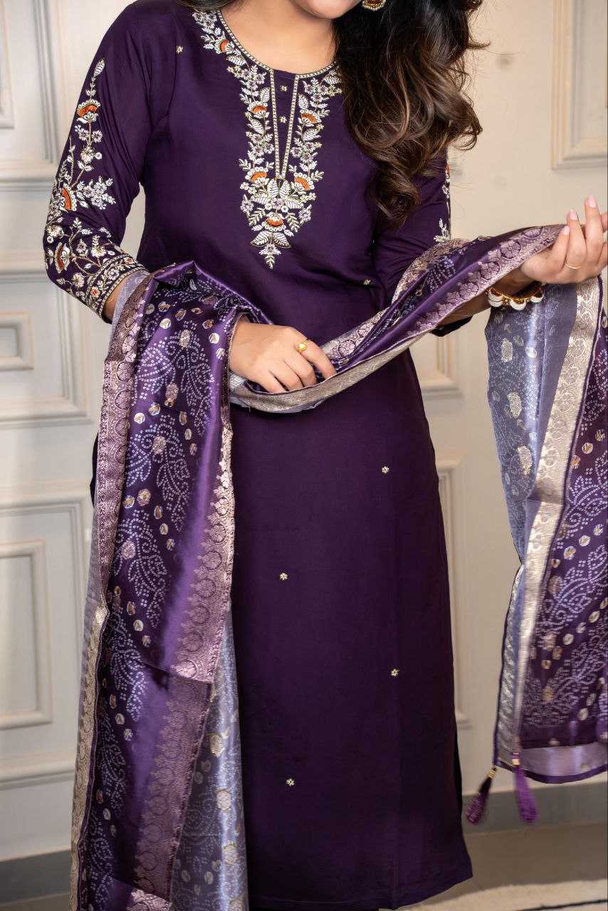 Purple Roman Silk Embroidered Kurta Pant Set with Dupatta