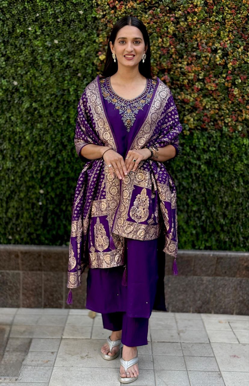 Purple Roman Silk Kurta Pant Set with Hand Work and Dupatta