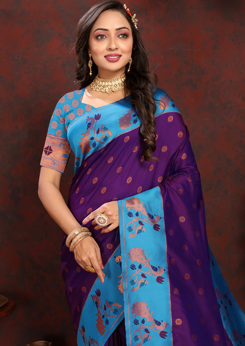 Purple Soft Paithani Silk Saree with Rich Zari Meenakari Weaving