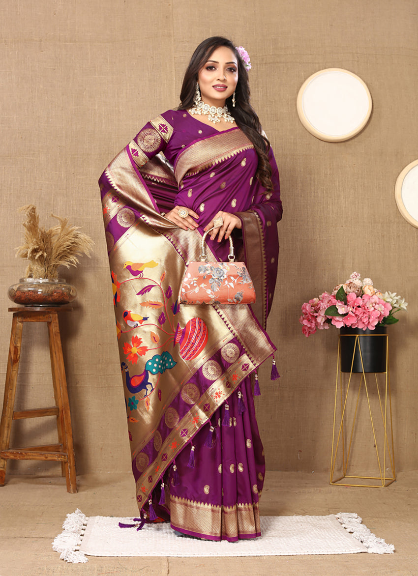 Purple Soft Paithani Silk Saree with Zari Meenakari
