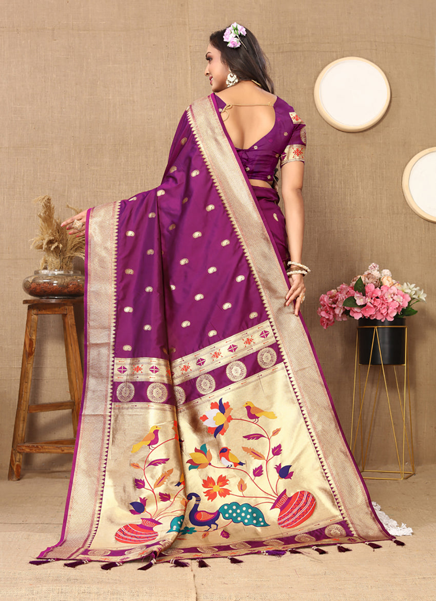 Purple Soft Paithani Silk Saree with Zari Meenakari