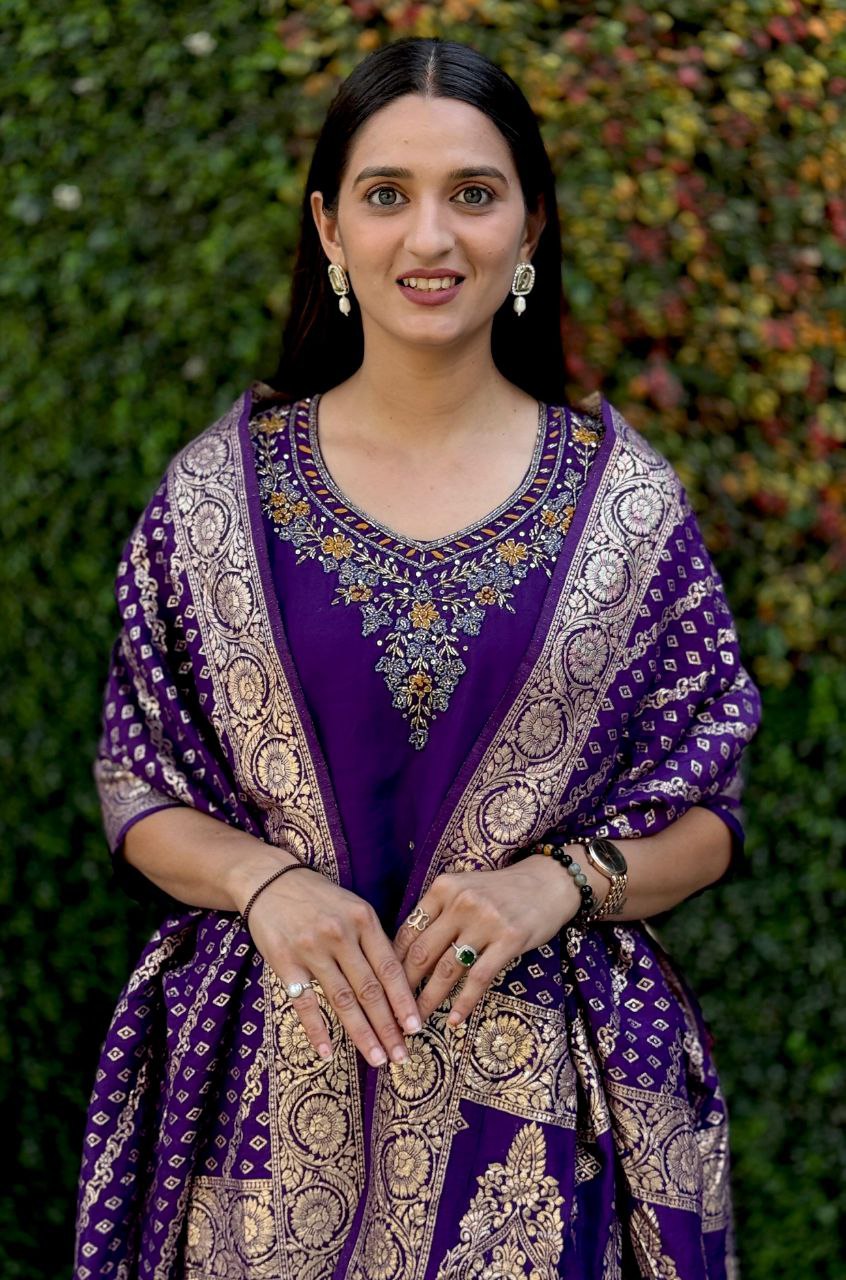 Purple Roman Silk Kurta Pant Set with Hand Work and Dupatta