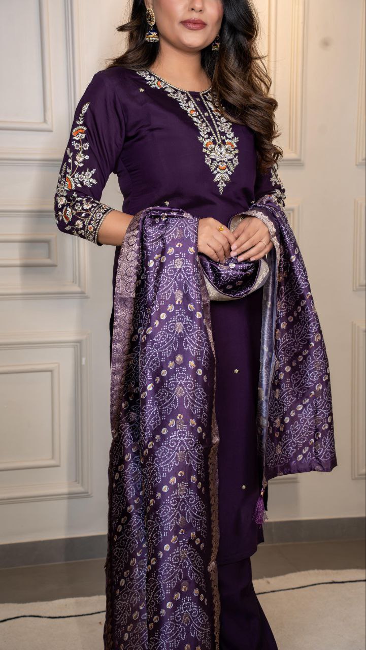 Purple Roman Silk Embroidered Kurta Pant Set with Dupatta