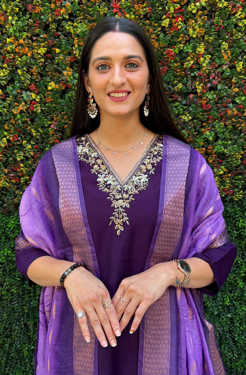Purple Roman Silk Kurta Pant Set with Hand Work and Dupatta