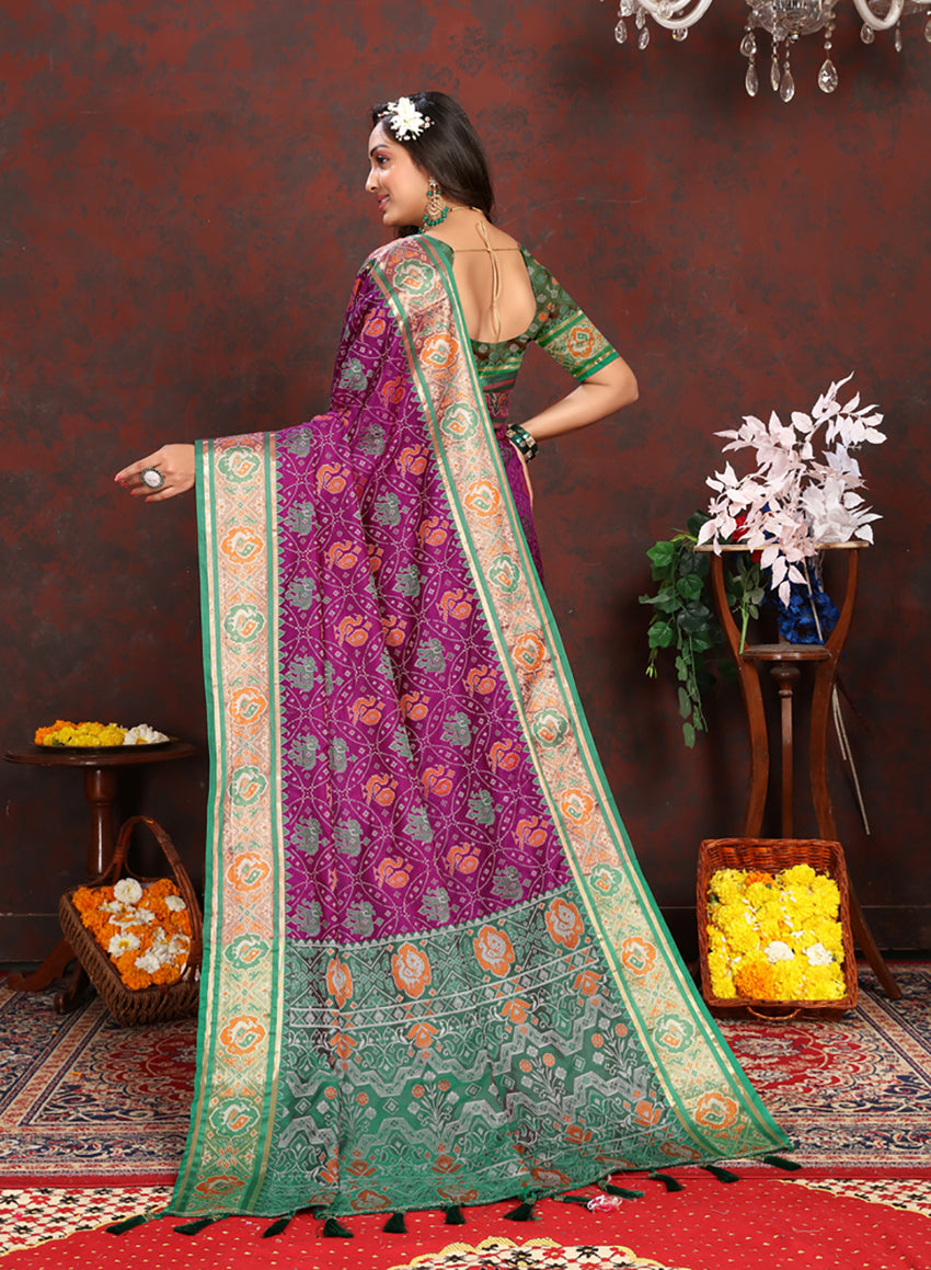 Purple Patola Silk Saree with Zari Meenakari Motifs