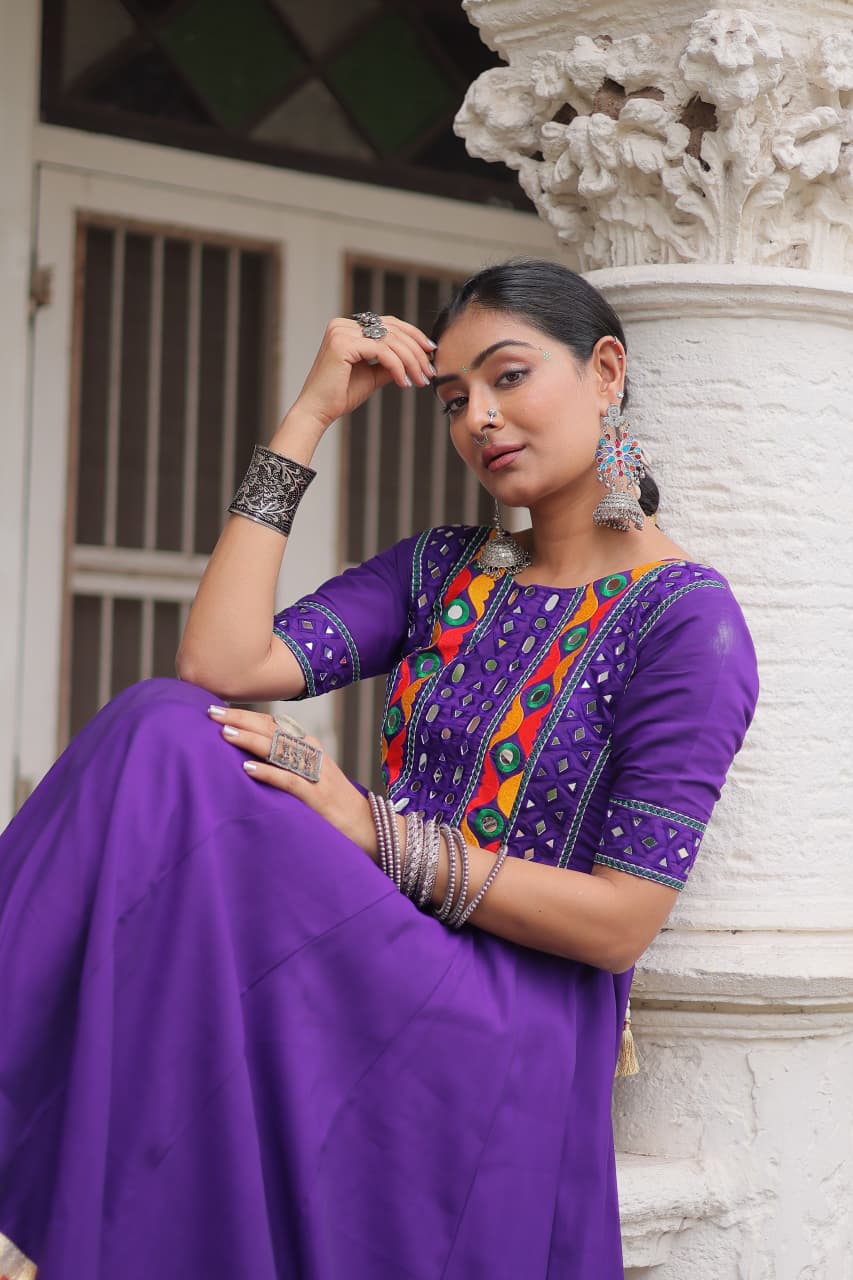 Purple Roman Silk Anarkali Gown with Mirror Work and Crochet Print