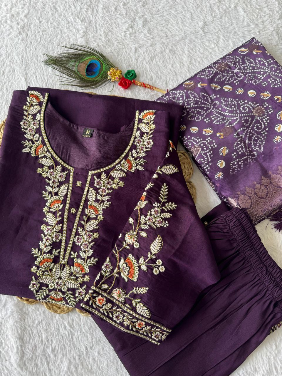 Purple Roman Silk Embroidered Kurta Pant Set with Dupatta