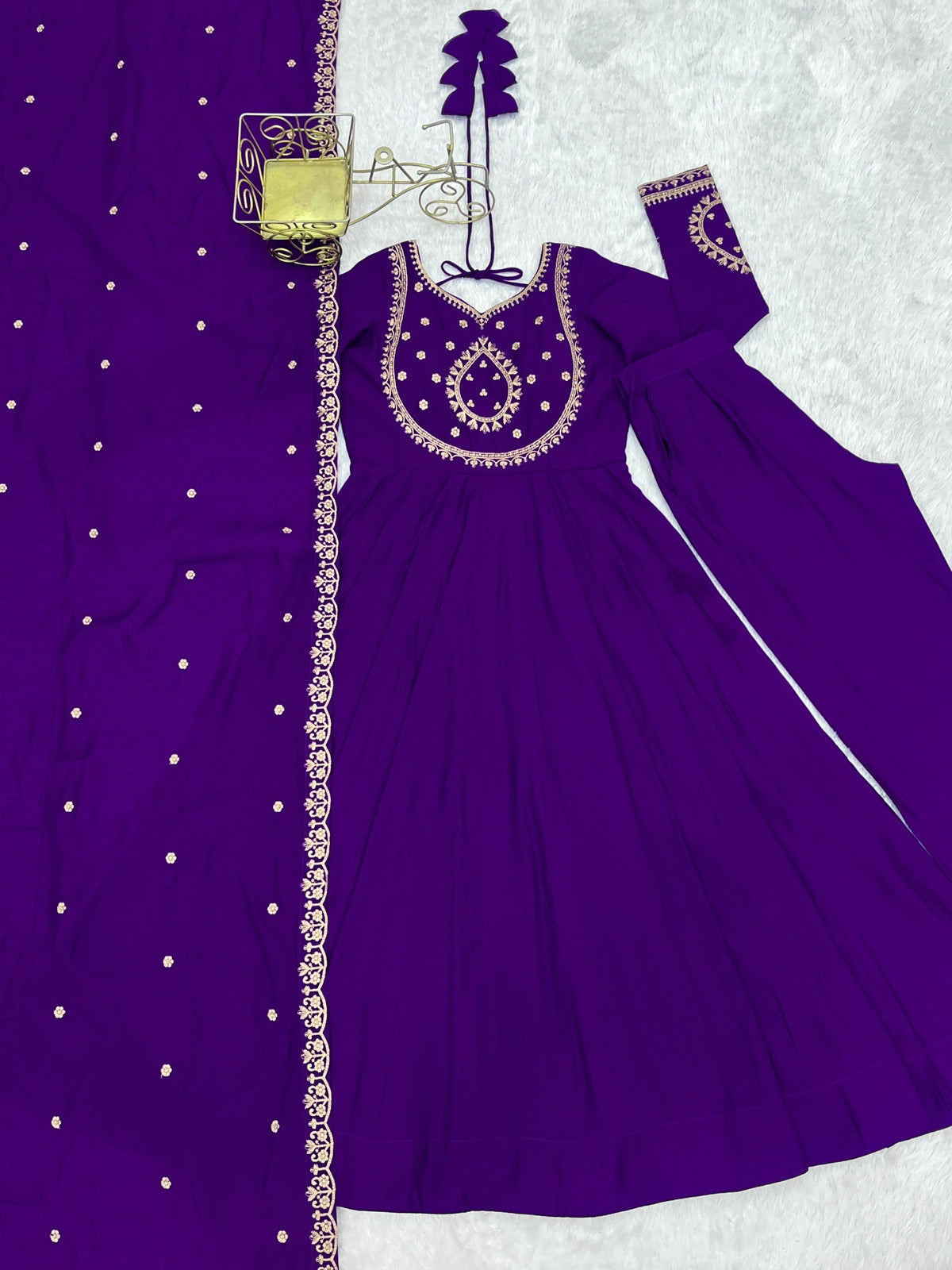 Purple Roman Chanderi Silk Anarkali Gown with Handwork Beads
