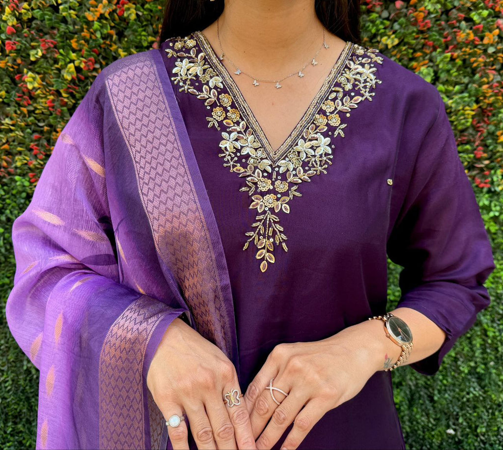 Purple Roman Silk Kurta Pant Set with Hand Work and Dupatta