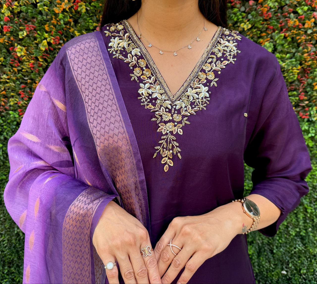 Purple Roman Silk Kurta Pant Set with Hand Work and Dupatta