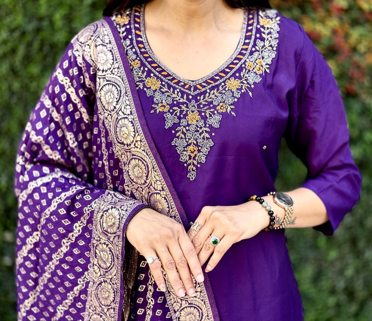 Purple Roman Silk Kurta Pant Set with Hand Work and Dupatta