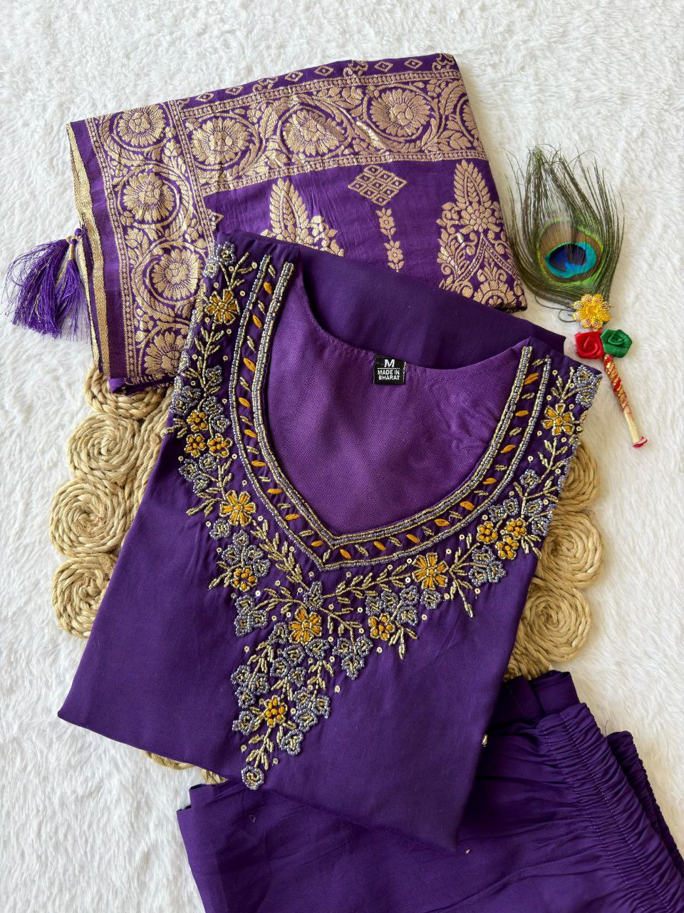 Purple Roman Silk Kurta Pant Set with Hand Work and Dupatta