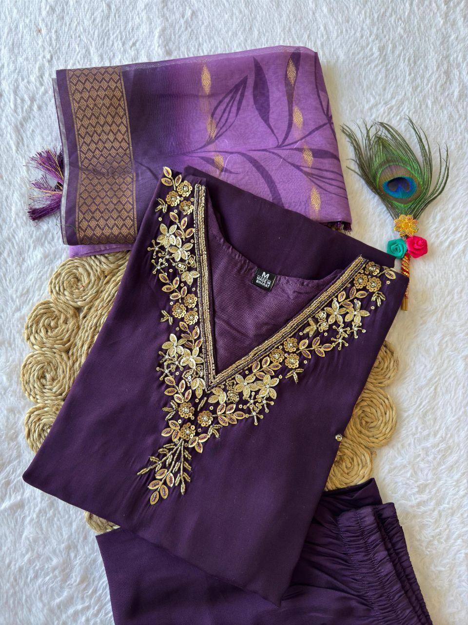 Purple Roman Silk Kurta Pant Set with Hand Work and Dupatta