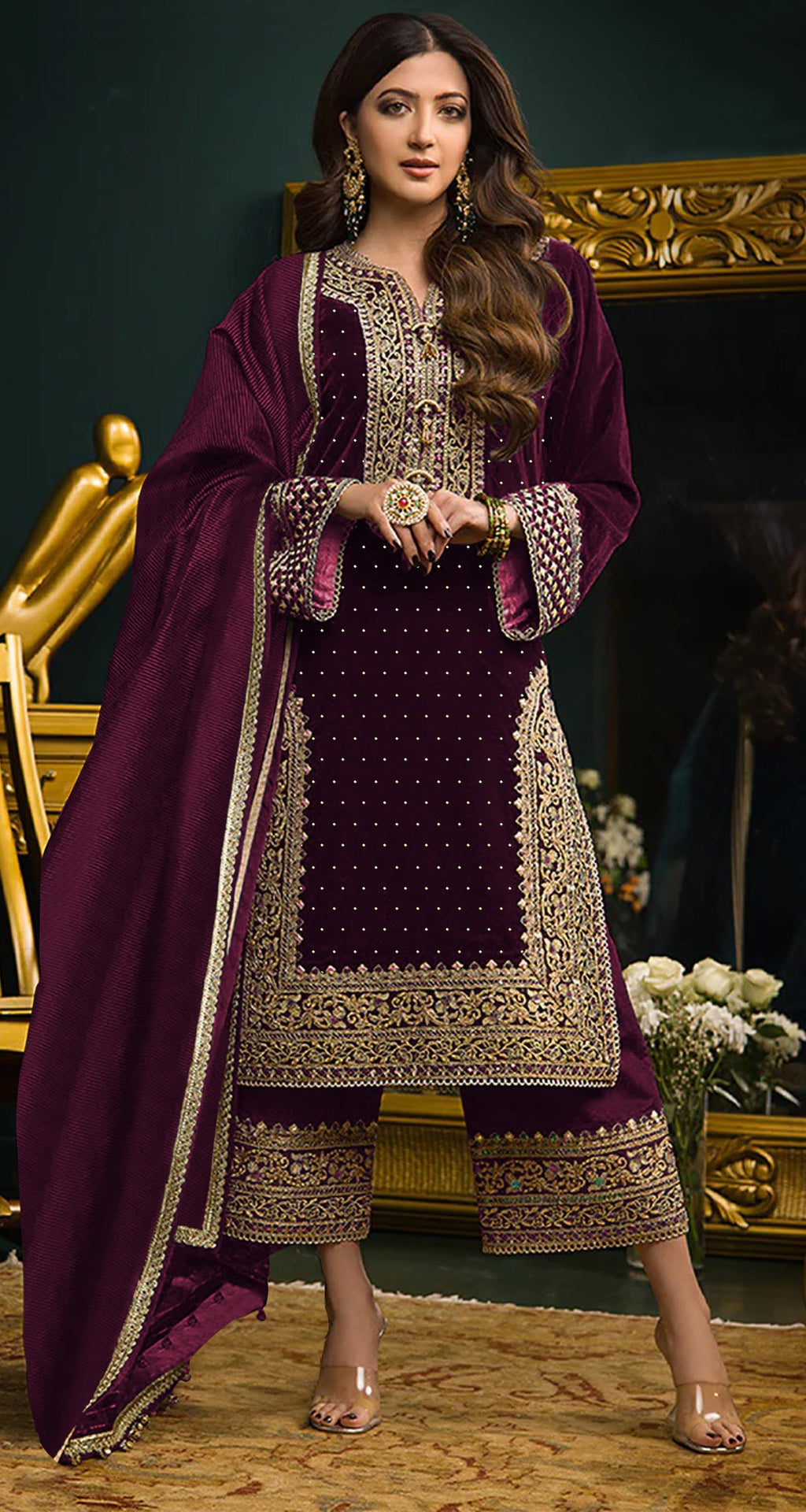 Elegant purple velvet fabric for salwar suit featuring detailed sequence embroidery