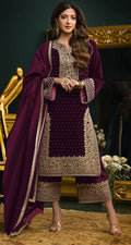 Elegant purple velvet fabric for salwar suit featuring detailed sequence embroidery