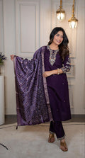 Purple Roman Silk embroidered kurta set with matching pants and dupatta