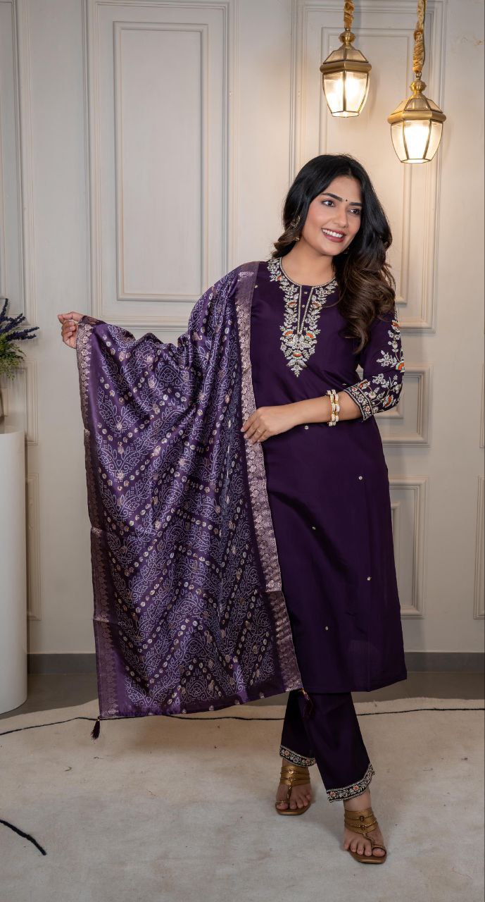 Purple Roman Silk embroidered kurta set with matching pants and dupatta