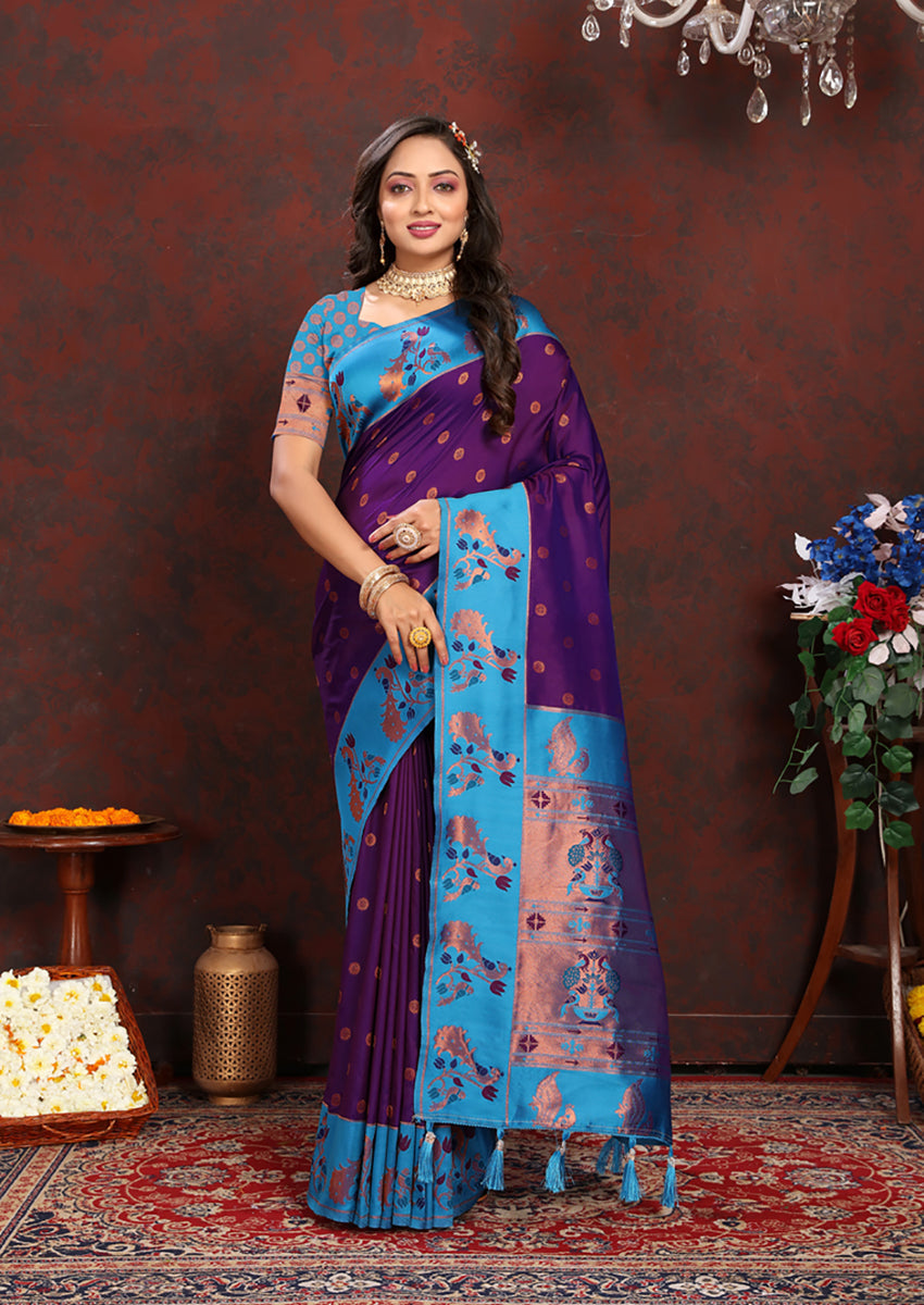Purple Soft Paithani Silk Saree with ornate Zari Meenakari weaving patterns