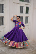 Purple Roman Silk designer gown with mirror work and crochet print