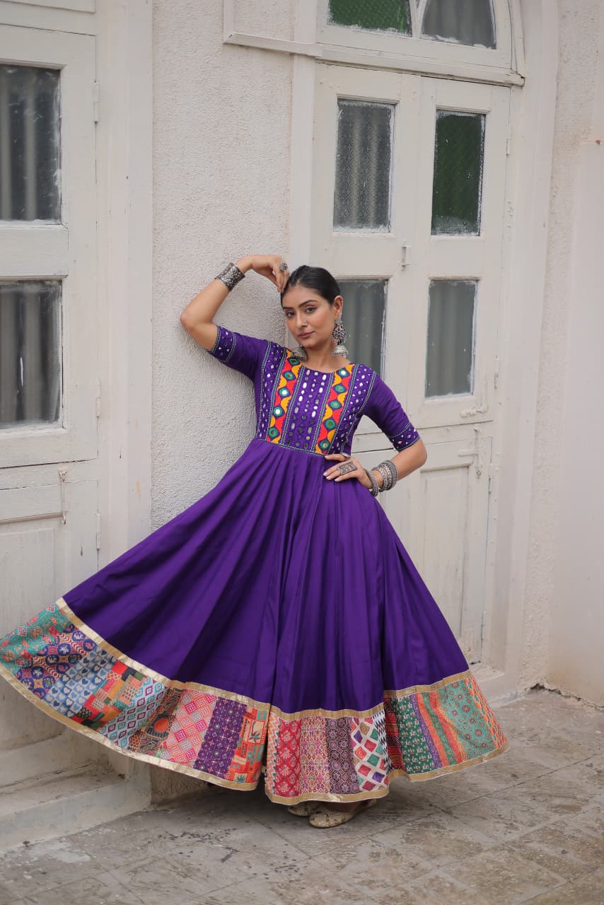 Purple Roman Silk designer gown with mirror work and crochet print