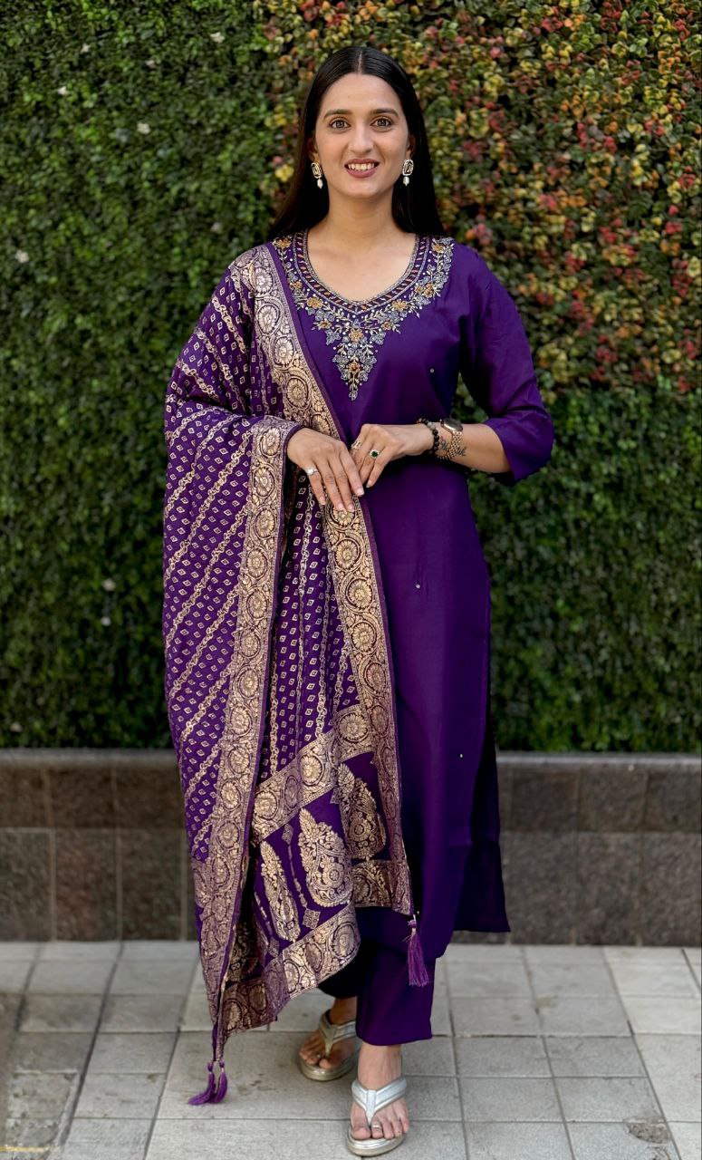 Purple Roman Silk kurta set with hand-work, matching pants, and dupatta