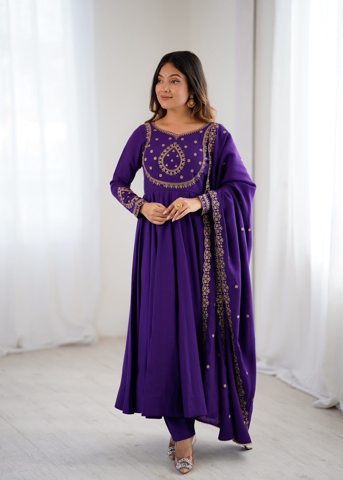 Purple Roman Chanderi Silk Anarkali gown with beaded yoke, full flare, and detailed dupatta