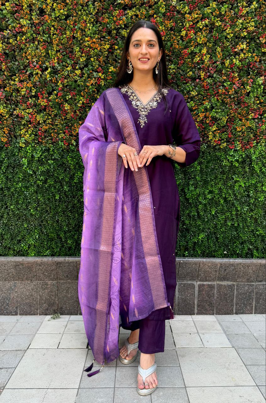 Purple Roman Silk kurta set with hand-work, matching pants, and dupatta