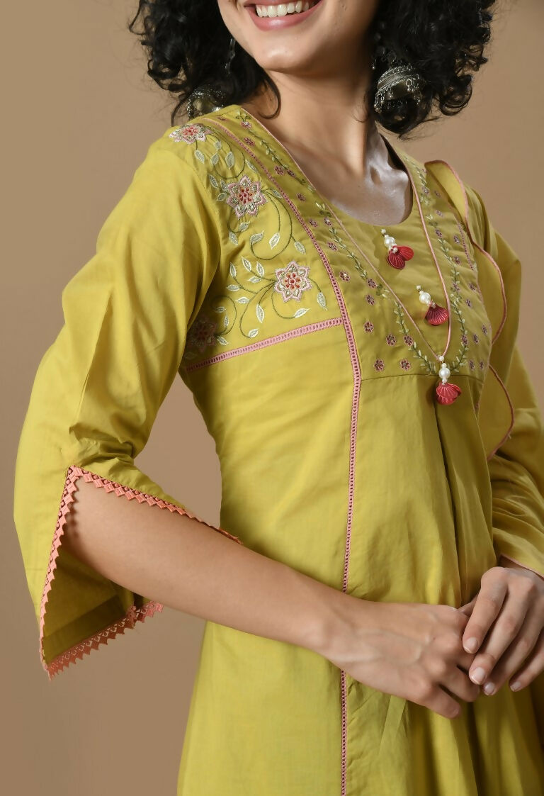 Mehendi Cotton Kurta Set with Organza Dupatta - 3-Piece Set