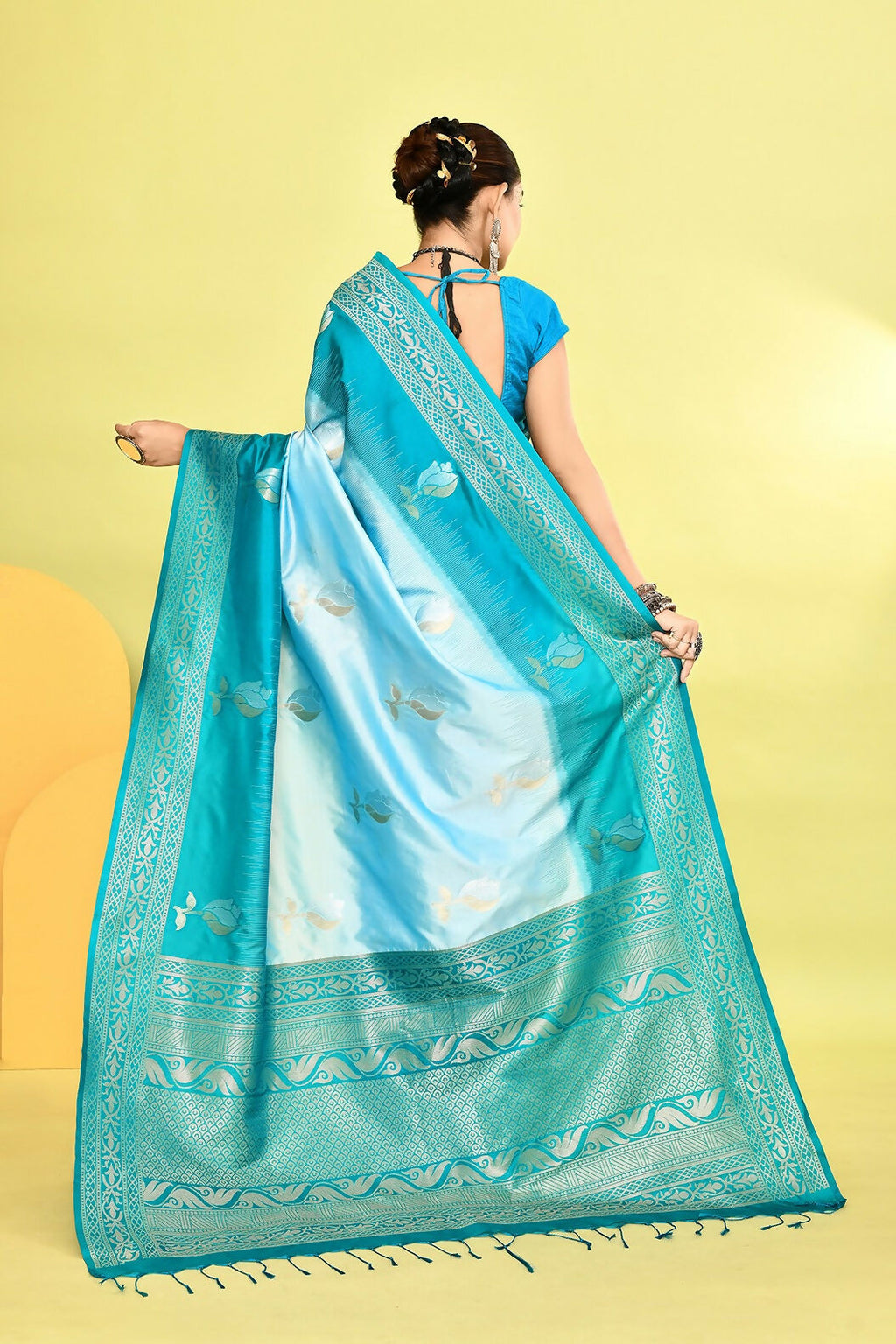 Sky Blue & Rama Plain Banarasi Silk Saree with Weaving Border