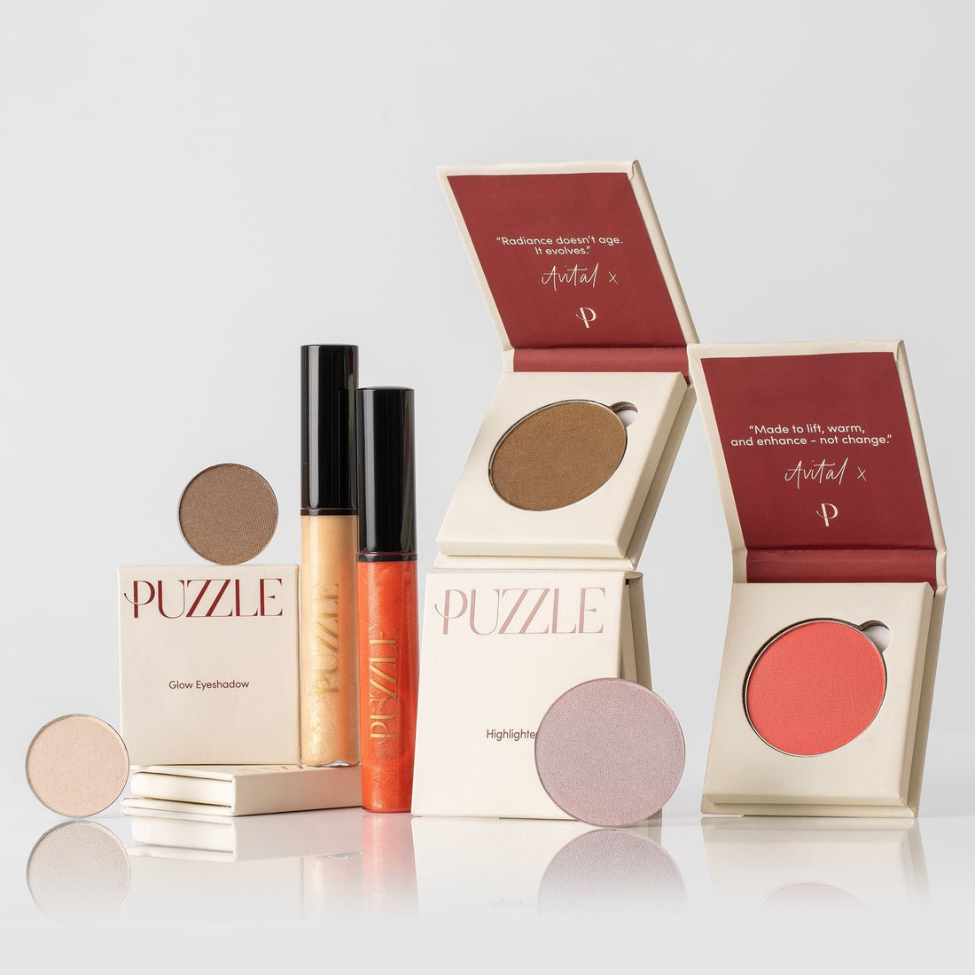 The Glow & Go Set featuring nude, bronze, and coral highlighter and eyeshadow