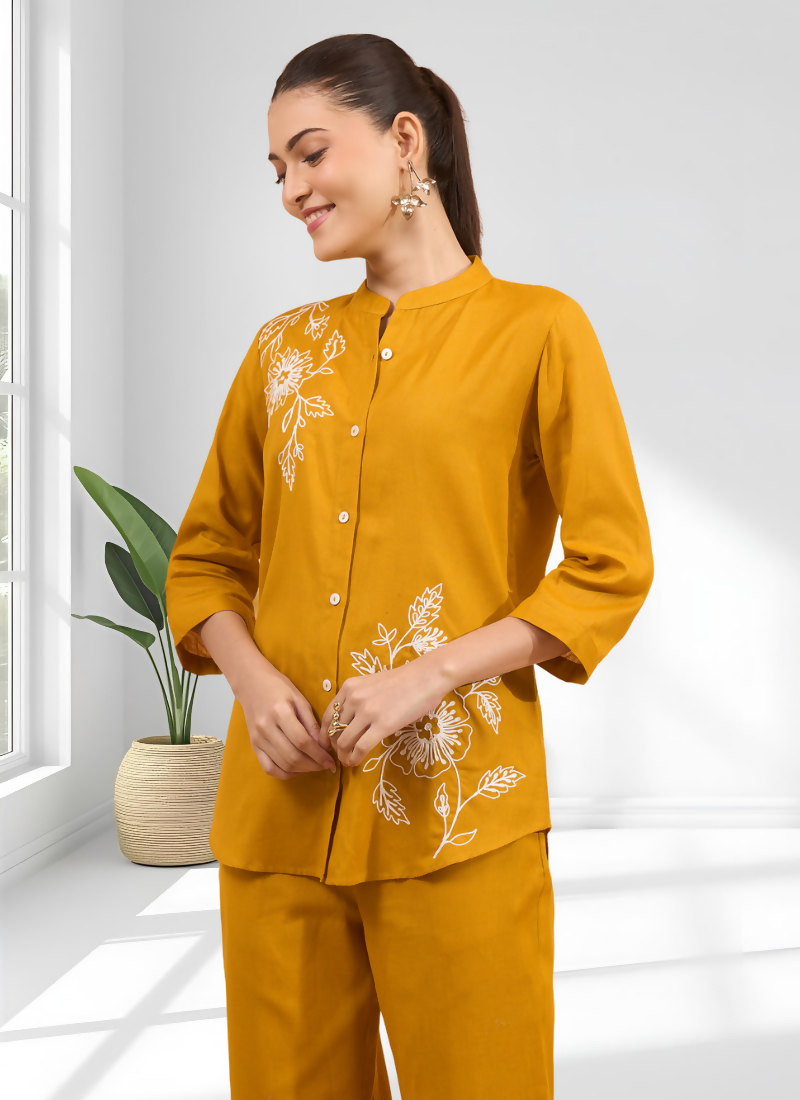 Mustard Embroidered Cotton Linen Casual Cord Set