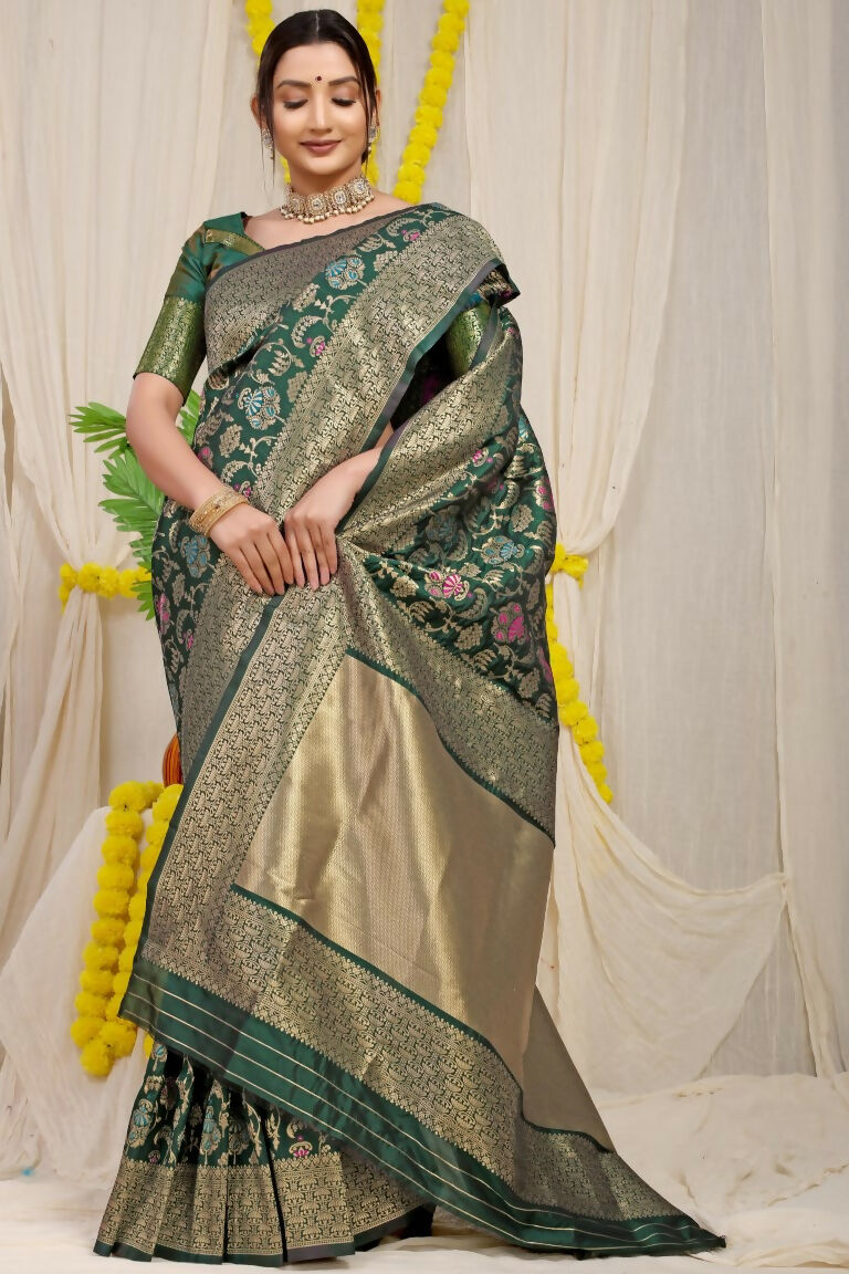 Bottle Green Kanjivaram Silk Saree with Elegant Zari Woven Border