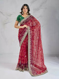 Vibrant red georgette saree with modern digital print and a contrasting green blouse