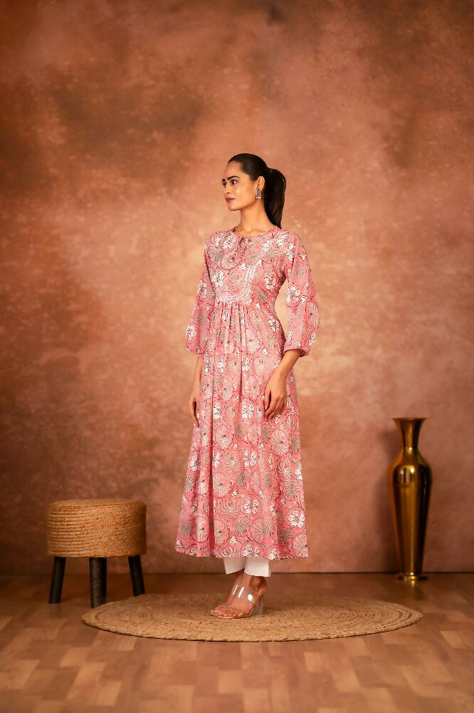 Pink Floral Hand Block Printed Cotton Kurta and Pant Set