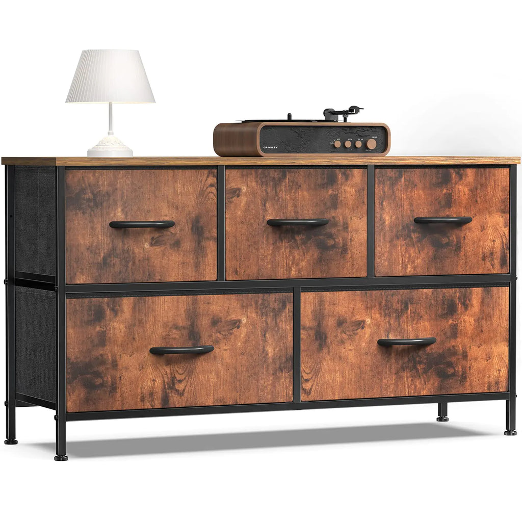 OLIXIS Dresser for Bedroom 5 Storage Drawers Wide Fabric Closet Chests Organizer Tower Furniture TV Stand with Wooden Top Metal Frame for Clothes Living Room Hallway Entryway Classic Rust Brown