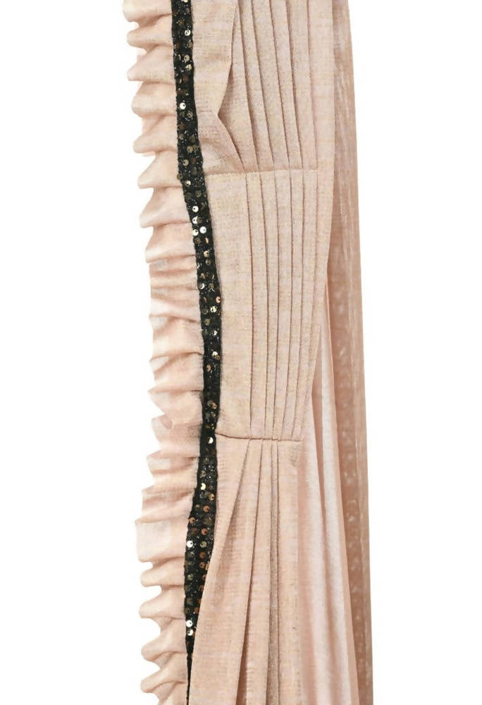 Beige and Black Ruffled Ready-to-Wear Lycra Saree with Sequin Blouse