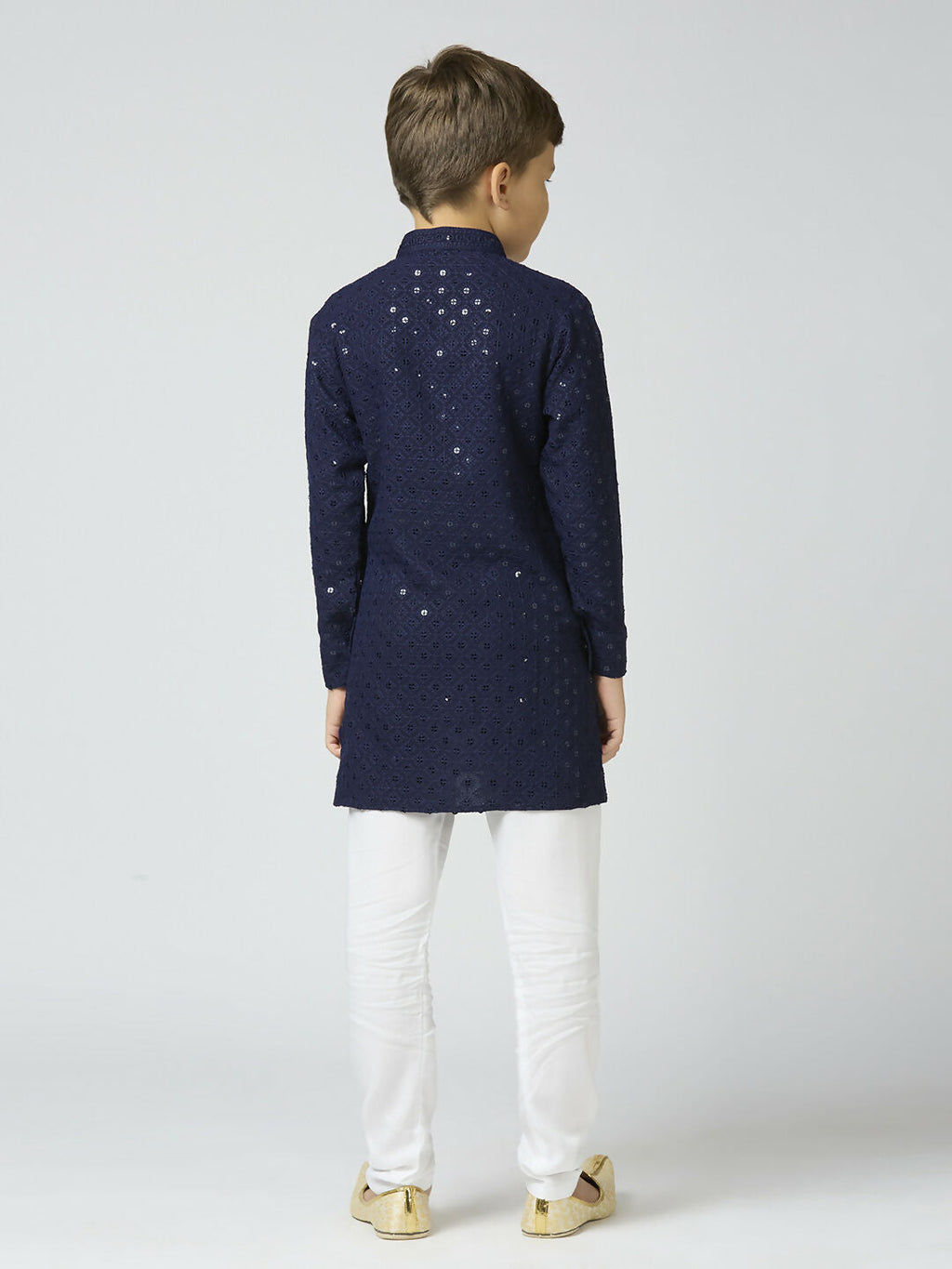 Boys Navy Blue Cotton Kurta and Pyjama Set with Sequin Embellishment