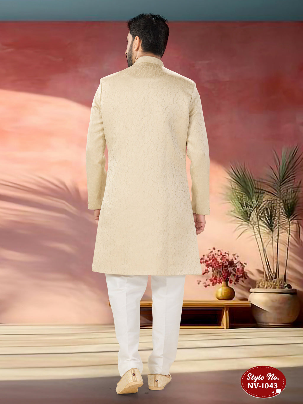 Men's Beige Swed Velvet Indo-Western Kurta Set with Self-Design
