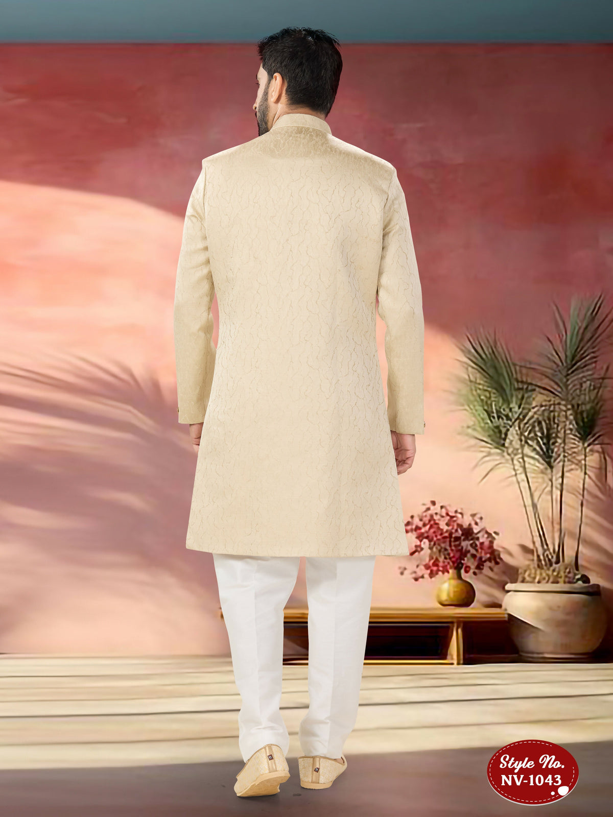 Men's Beige Swed Velvet Indo-Western Kurta Set with Self-Design
