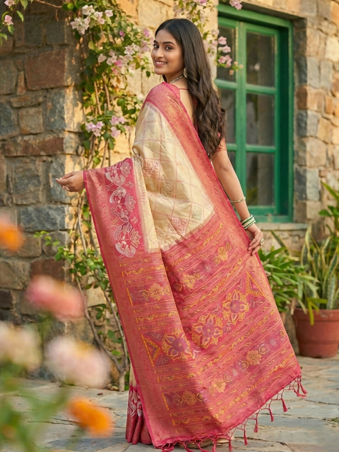 Cream Pochampally Silk Saree with Matching Blouse