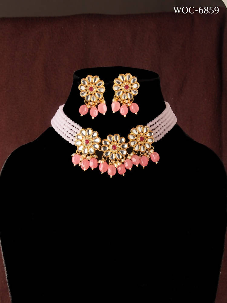 Pink Beaded Pearl Necklace Set Gold-Plated Traditional Jewelry
