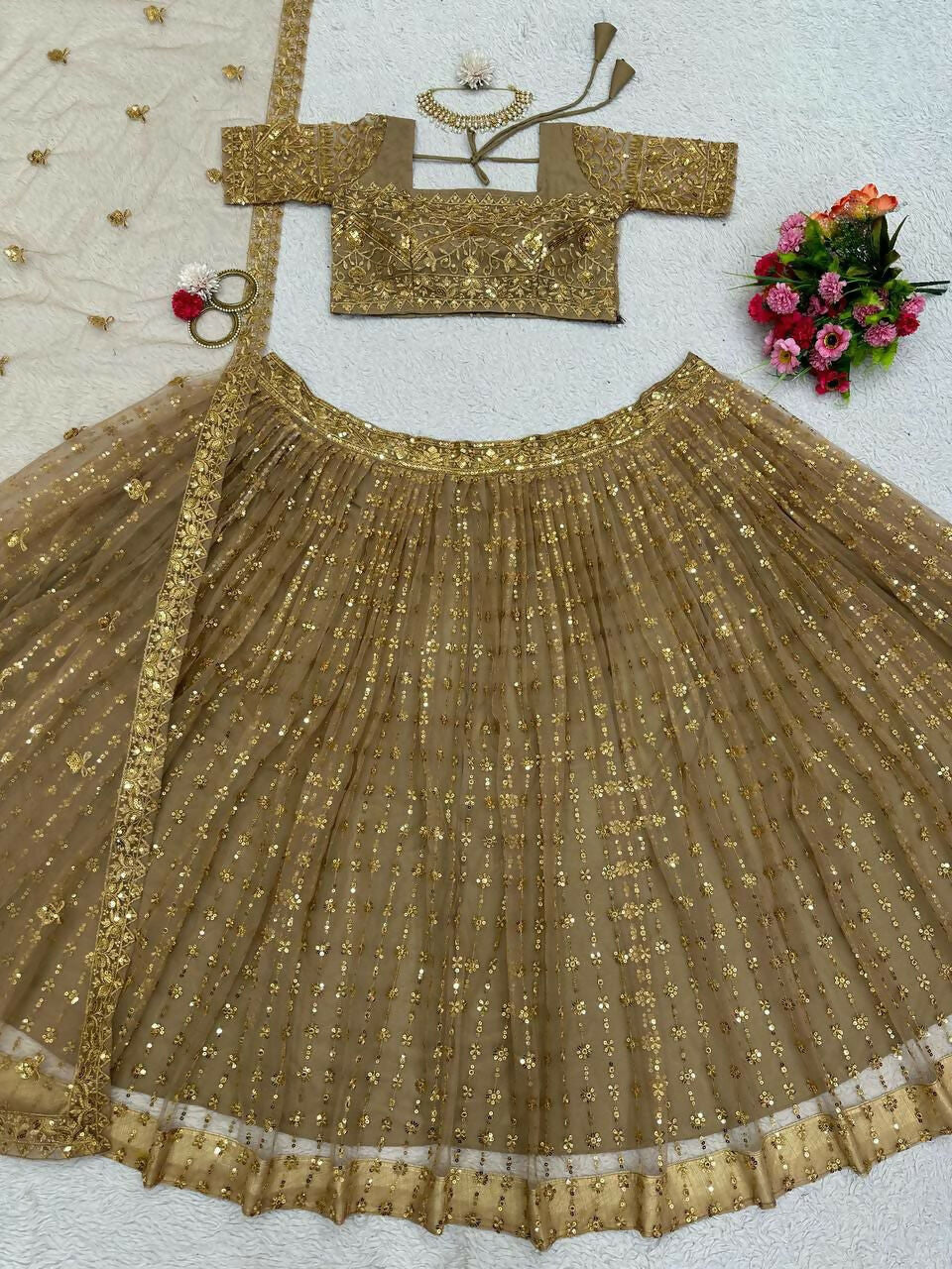 Beige Butterfly Net Sequins Embroidered Lehenga Choli Set