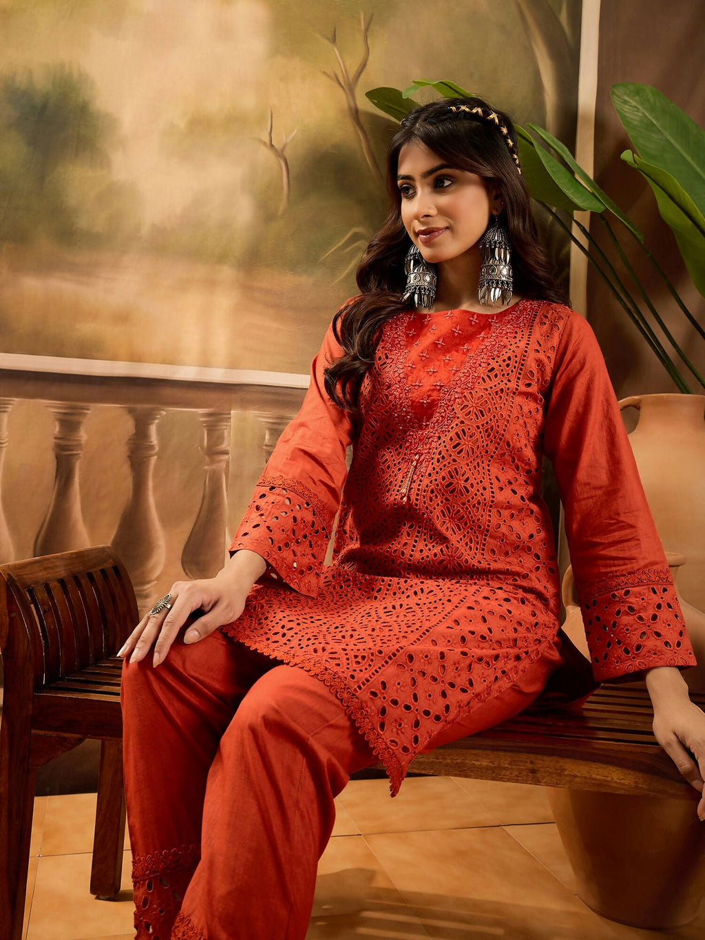 Rust Embroidered Pure Cotton Cord Set - Stylish Co-ord