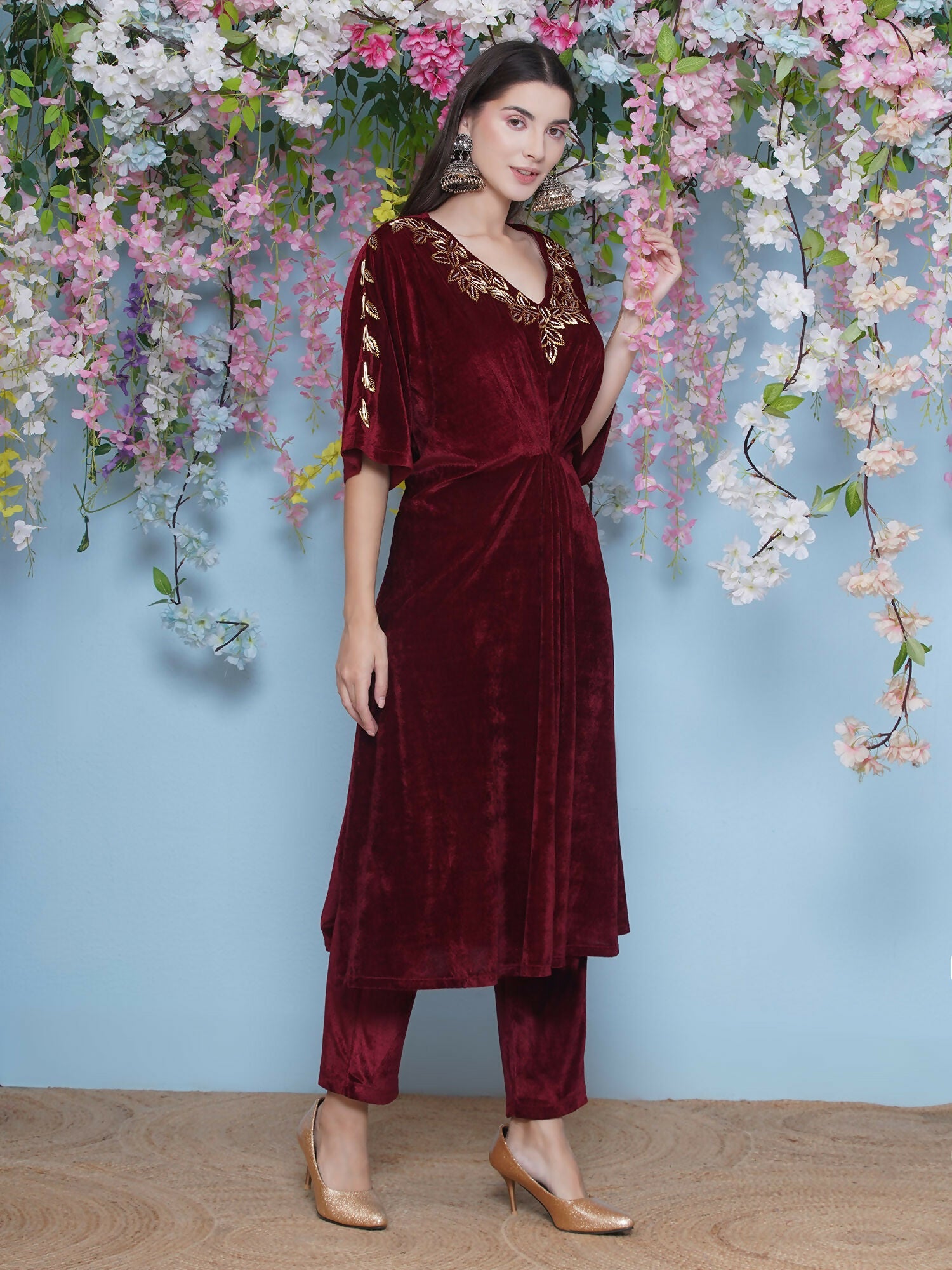 Maroon Velvet Hand Embellished Coord Set - 2 Piece Luxury Outfit
