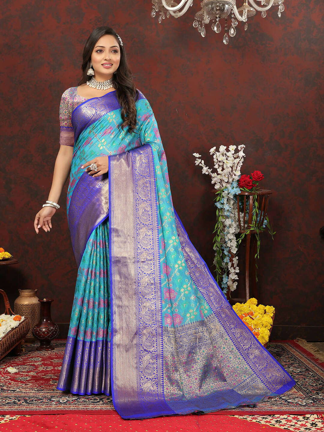 Lorenvalley Fashion Skyblue Cotton Woven Design Zari Meenakari Weaving Saree