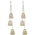 Gold-toned oxidized long dangle jhumki earrings for traditional Indian festive wear.