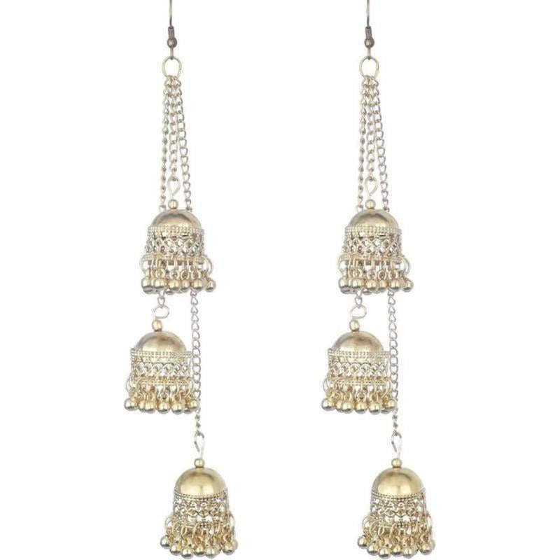 Gold-toned oxidized long dangle jhumki earrings for traditional Indian festive wear.