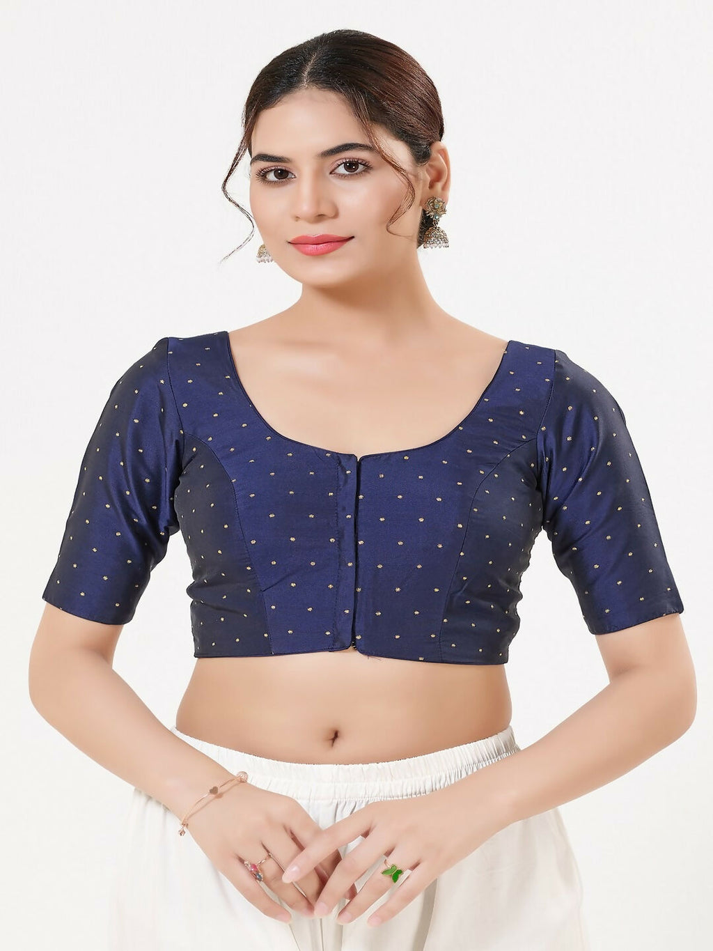 Navy-Blue Taffeta Silk sleeveless blouse with round neck and front open design