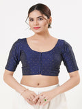 Navy-Blue Taffeta Silk sleeveless blouse with round neck and front open design