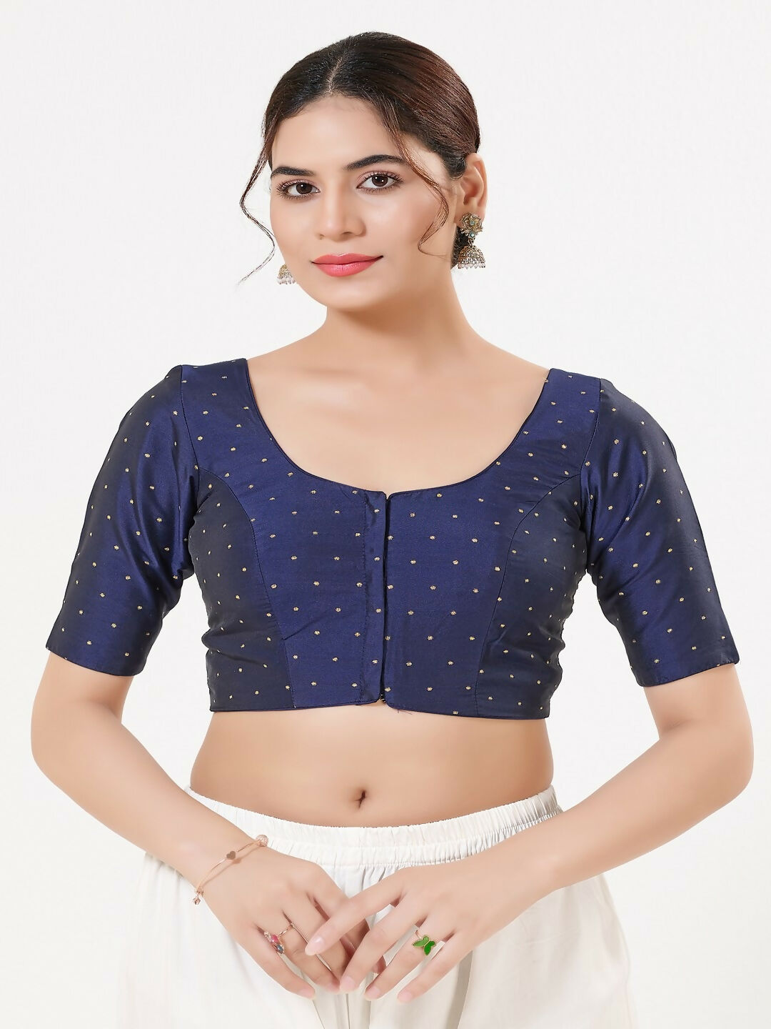 Navy-Blue Taffeta Silk sleeveless blouse with round neck and front open design